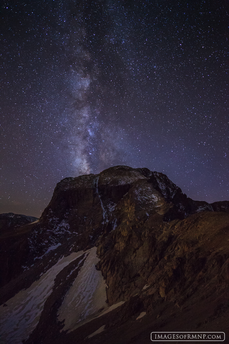 As two friends and I hiked back from a trip to a remote mountain lake, the sun set and the stars came out in all their brilliance...