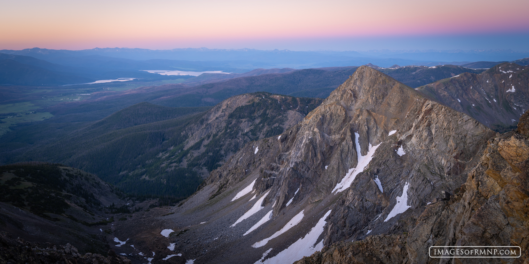 Just before dawn Mount Baker stands proudly overlooking Lake Granby, Shadow Mountain Lake and the Kawuneeche Valley. In the far...