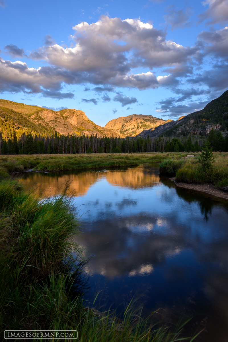 Mount Baldy reflects in the still waters of the East Inlet on the west side of Rocky Mountain National Park.