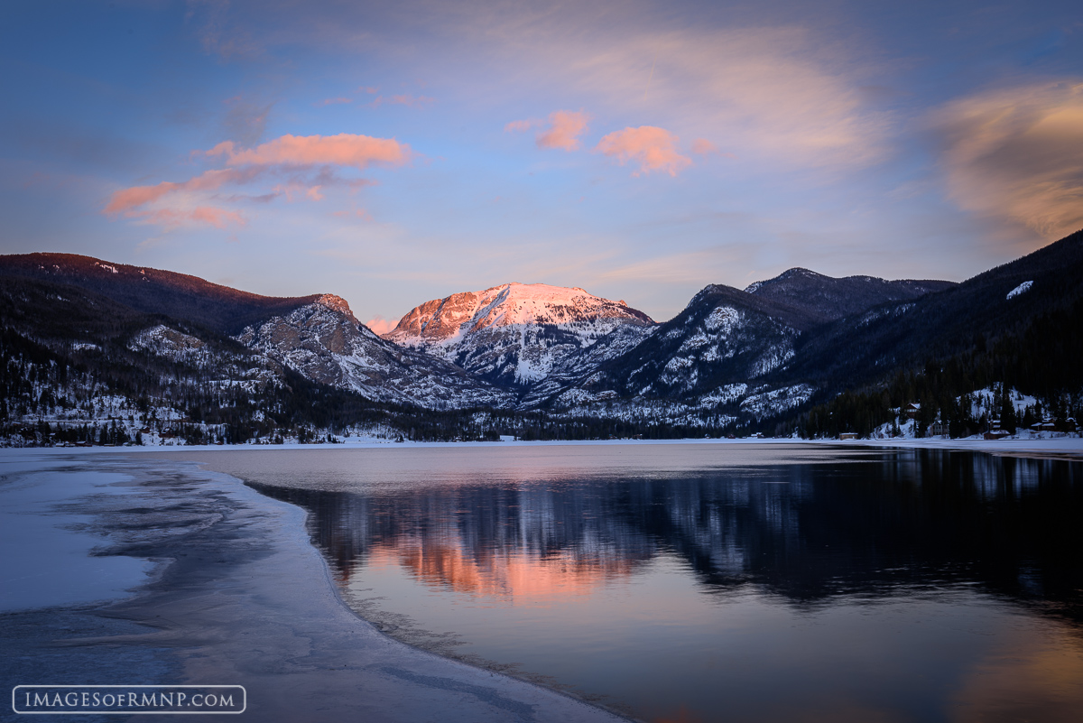 As the sun set over Grand Lake, Mount Baldy bathed in its warm glow.