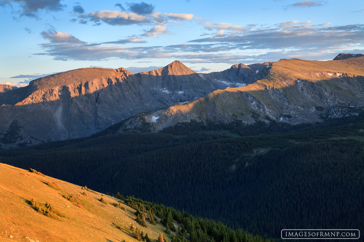 The setting sun lights the tops of the mountains and the tundra while Forest Canyon enters into the shadows. The warm July evening...