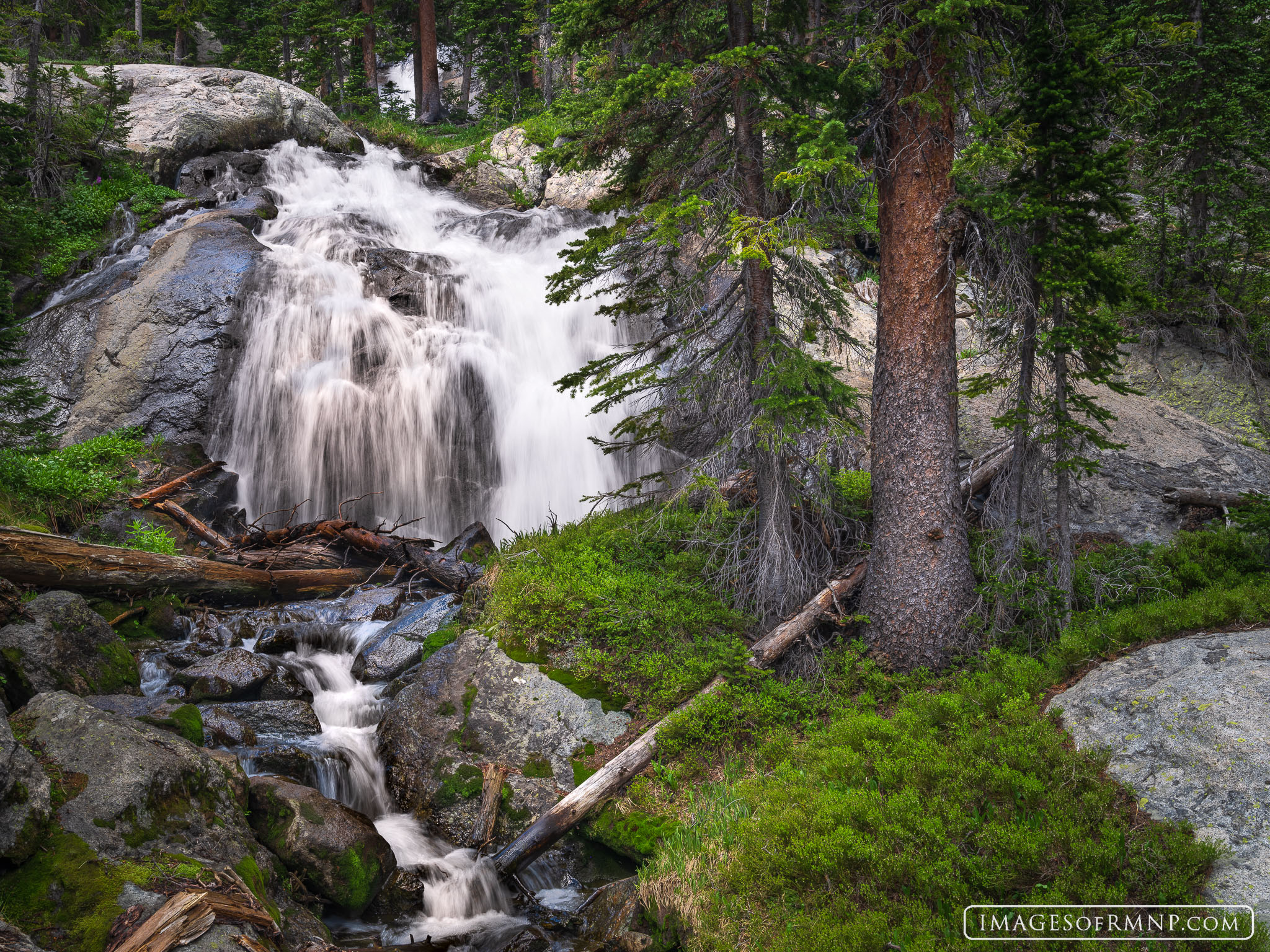Deep in the heart of Rocky Mountain National Park a stream cascades over the rocks as it makes its way down a mountain to the...