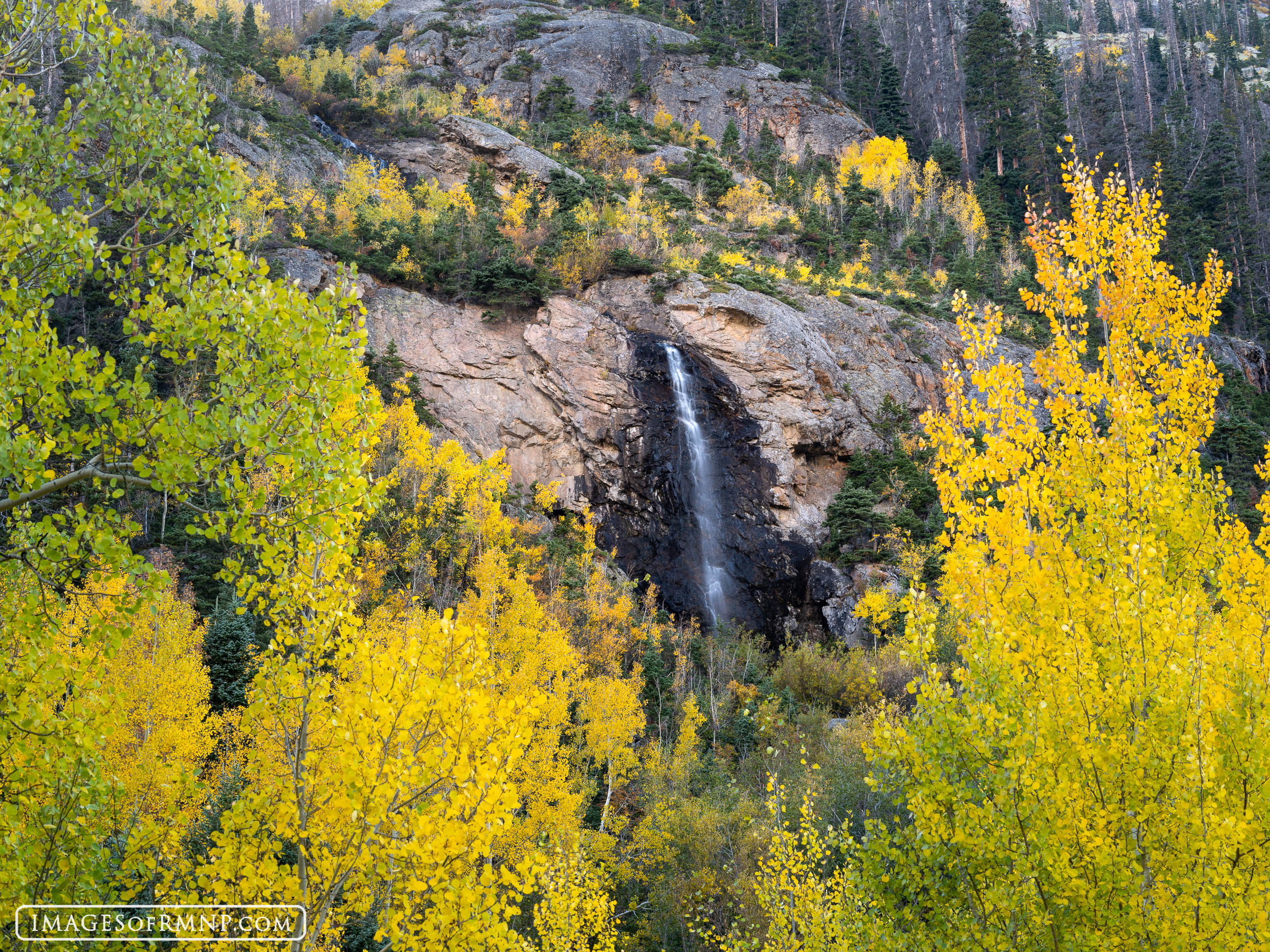 A small stream tumbles down the side of a mountain and then over a cliff into a lush area filled with golden aspen. This beautiful...
