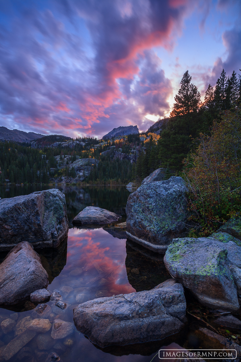 About five minutes after sunset the clouds above Bear Lake lit up, creating interesting lines leading up to Hallett Peak.