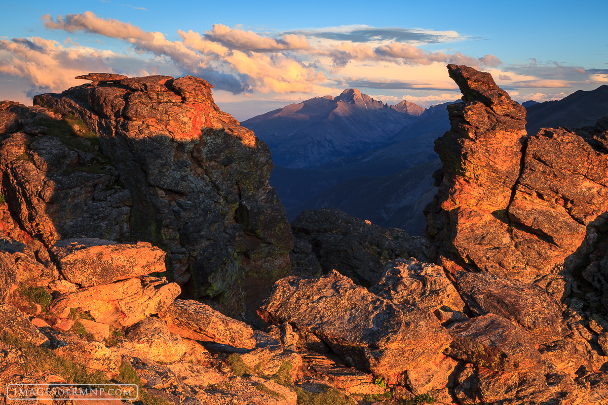 A classic shot of Longs Peak at sunset from the Rock Cut area along Trail Ridge Road.