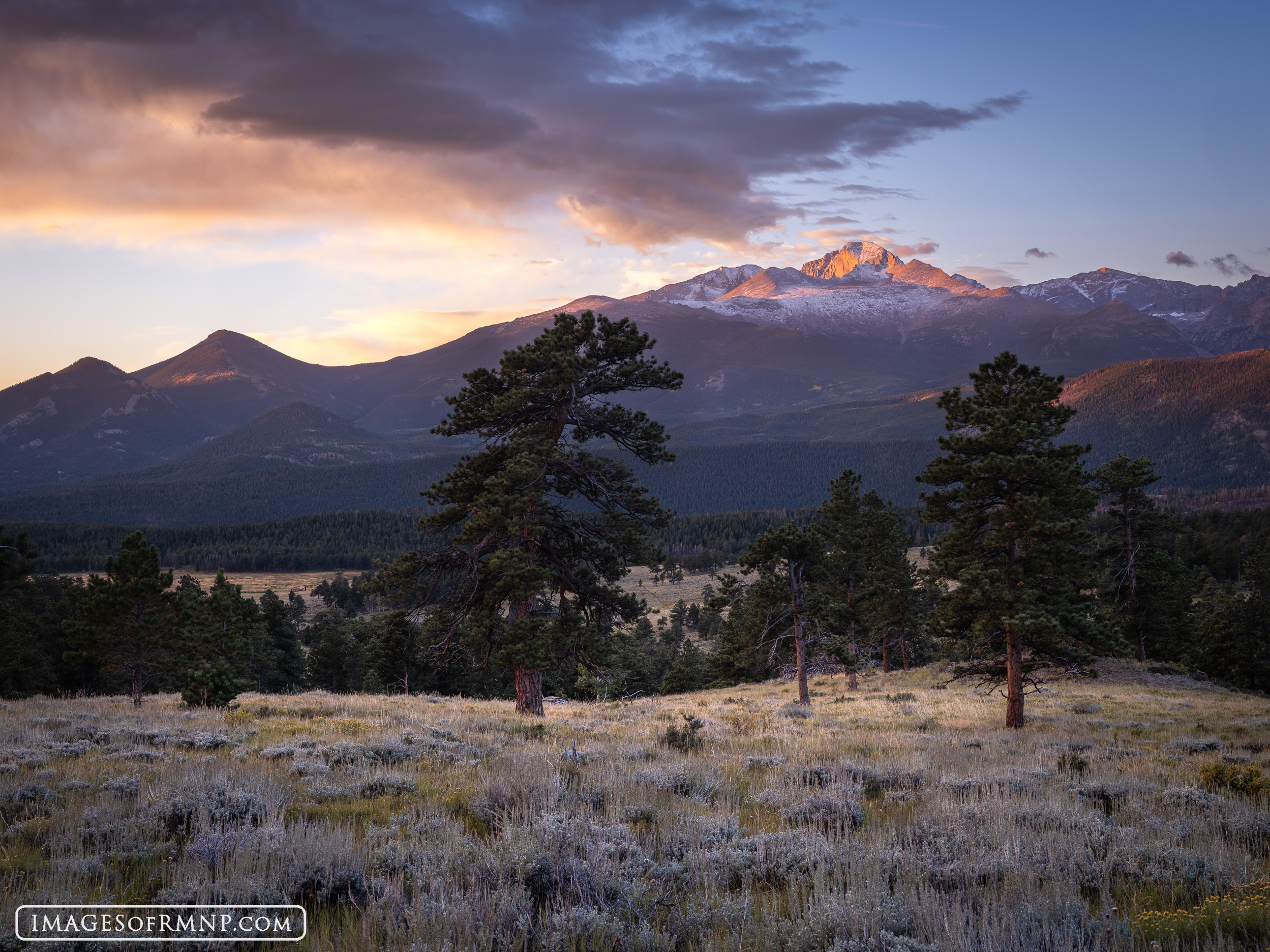 Dressed in a fresh coat of snow, Longs Peak glows in the rays of the rising sun. The autumn meadows stand in still silence, yet...