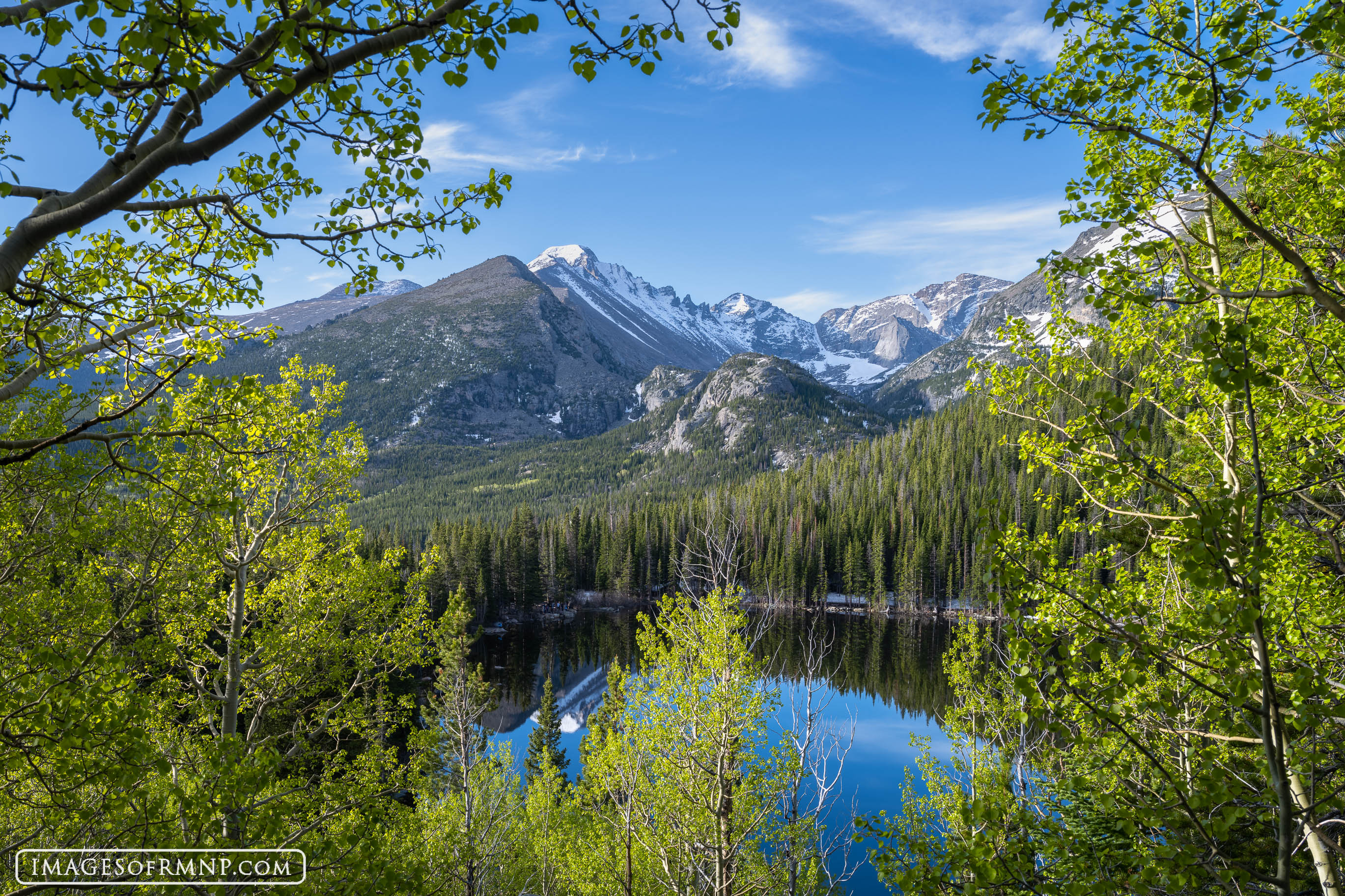 After a long winter, life returns to Bear Lake while Longs Peak high above is still wearing a thick coat of fresh snow.