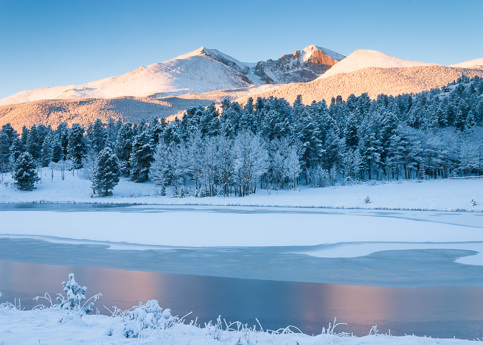 The morning light and a fresh winter snow bring a fresh view to Longs Peak and Mount Meeker.