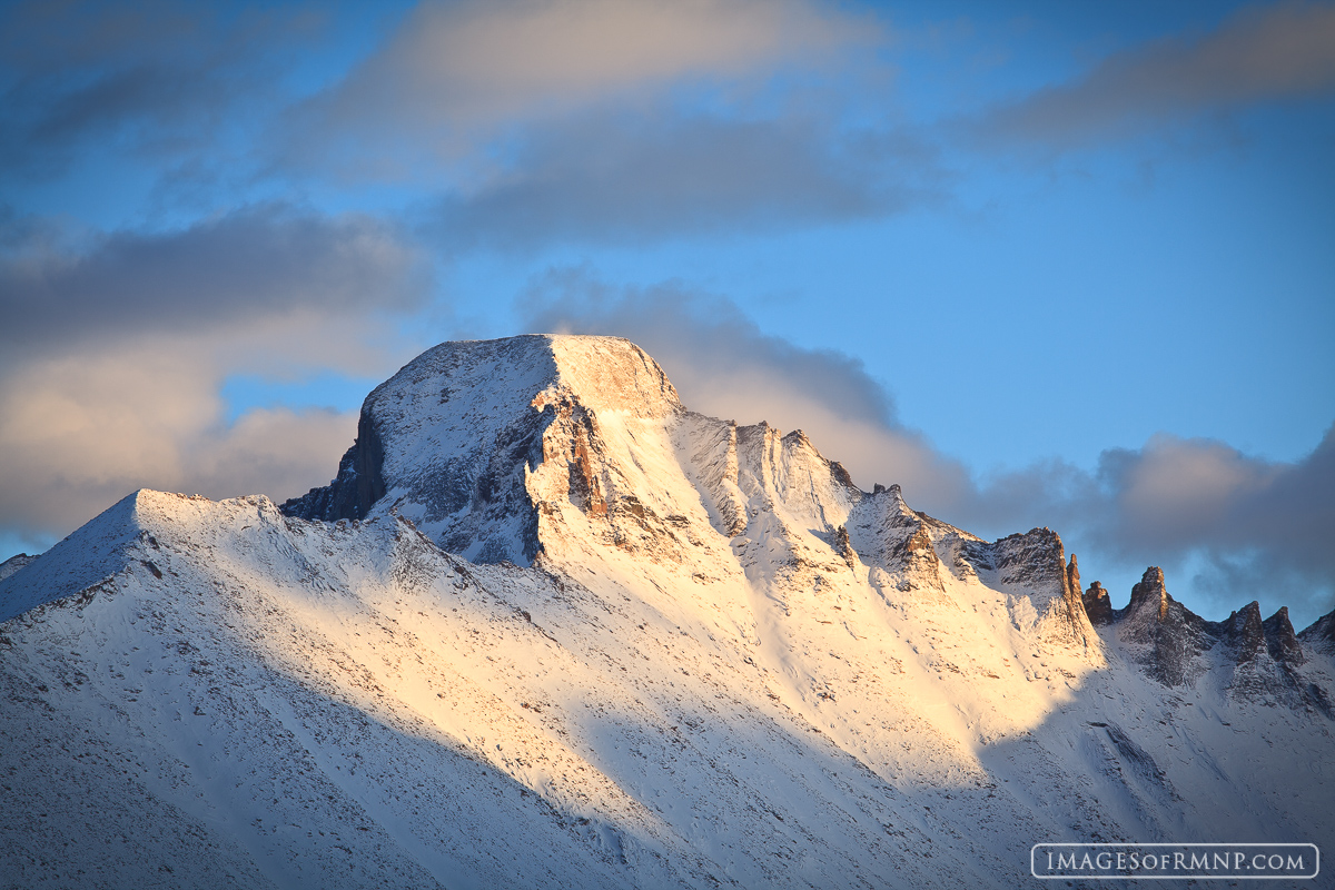 This was Longs Peak and the Keyboard of the Winds as seen from Flattop just before sunset on the first of March 2010.