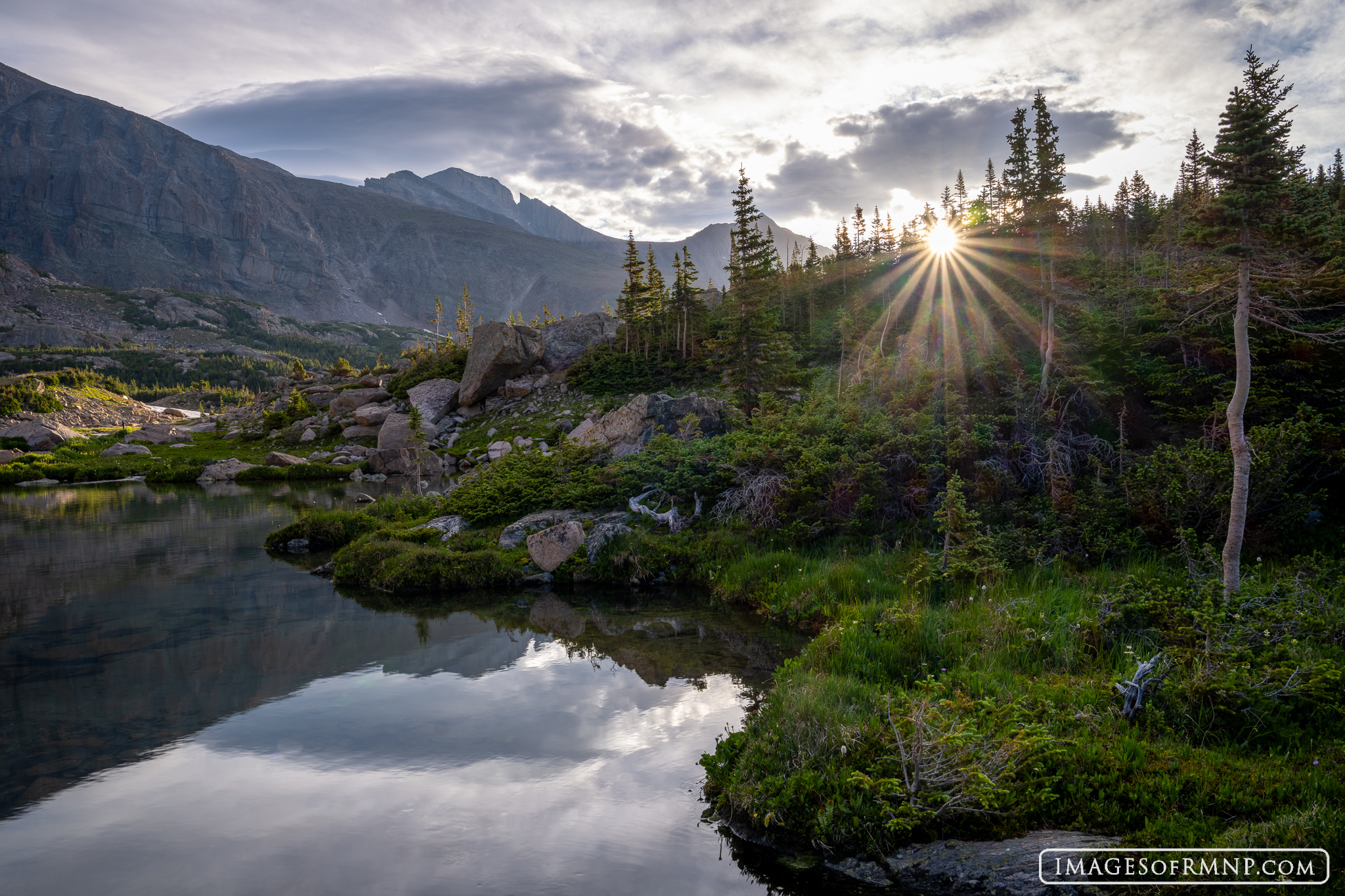 In late July, the sun appears over the krumholz as if to wish good morning to this remote tarn deep in the backcountry of Rocky...