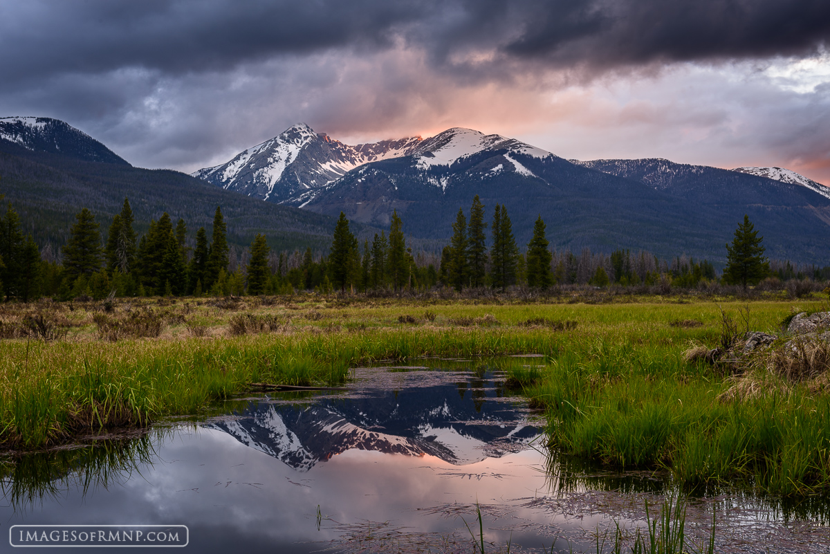 As a storm moves into the Kawuneeche Valley the first light kisses Mount Baker. In the meadow below a mother moose with her newborn...