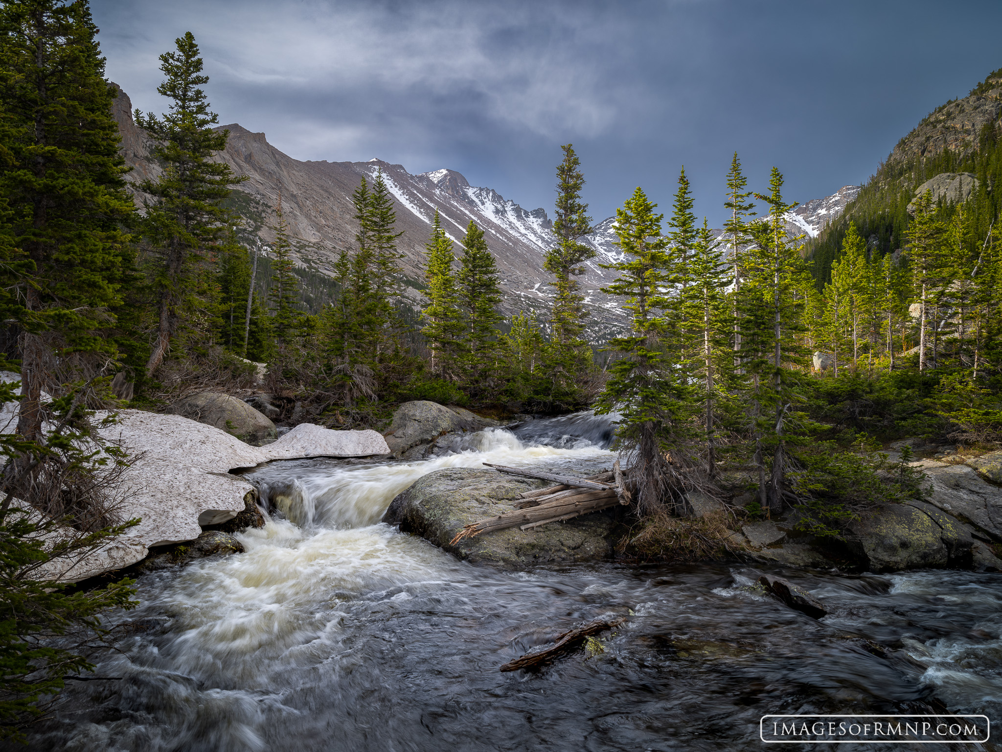 In early June the snow was melting quickly, filling the streams until they roared. Here just below Mills Lake, beams of sunlight...