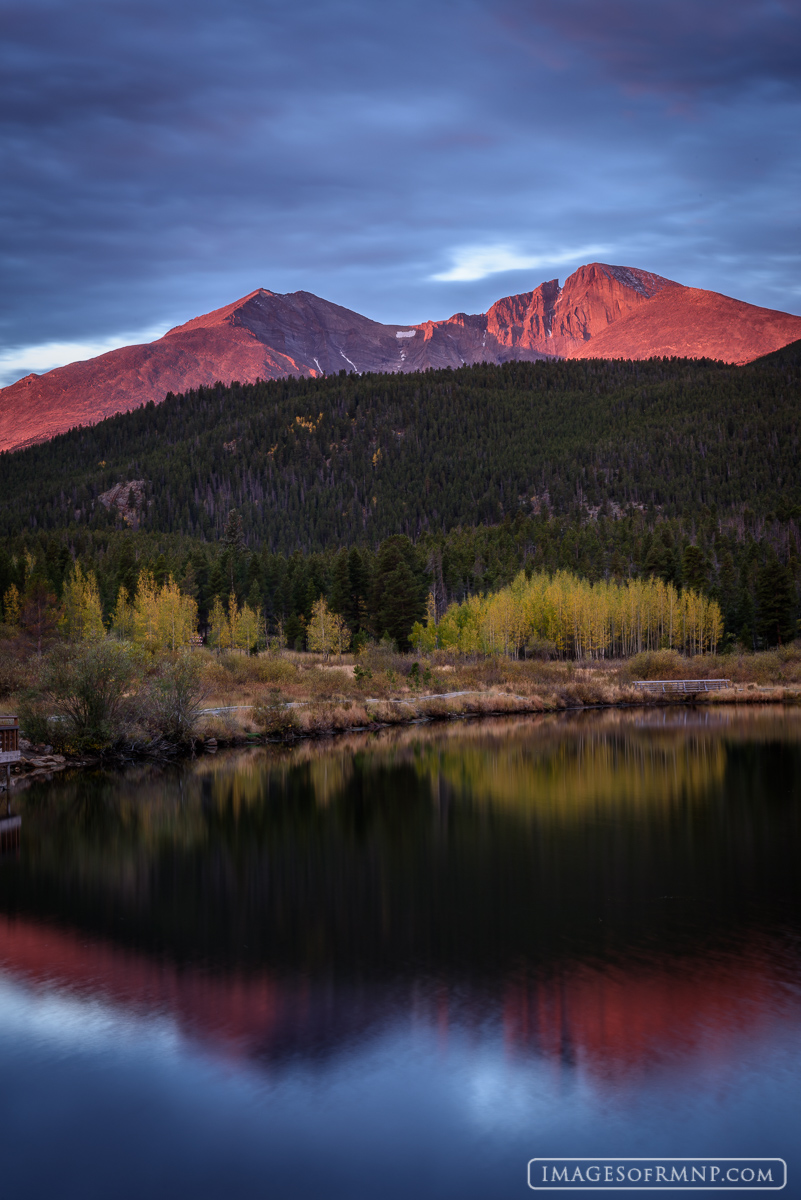 I spent sunrise at Lily Lake hoping for something special and was not disappointed. The sun covered Longs Peak and Mount Meeker...