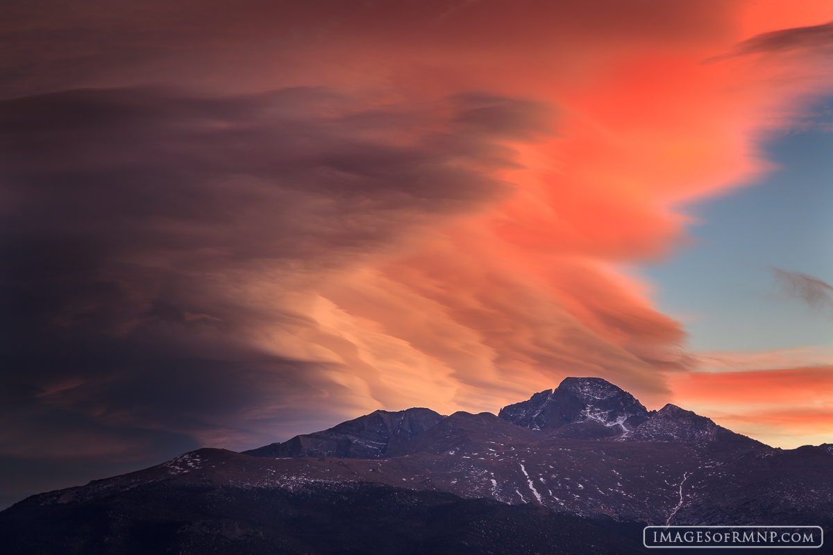 On a windy November evening, lenticular clouds began to develop over Longs Peak. I knew that when the sun finally set that they...